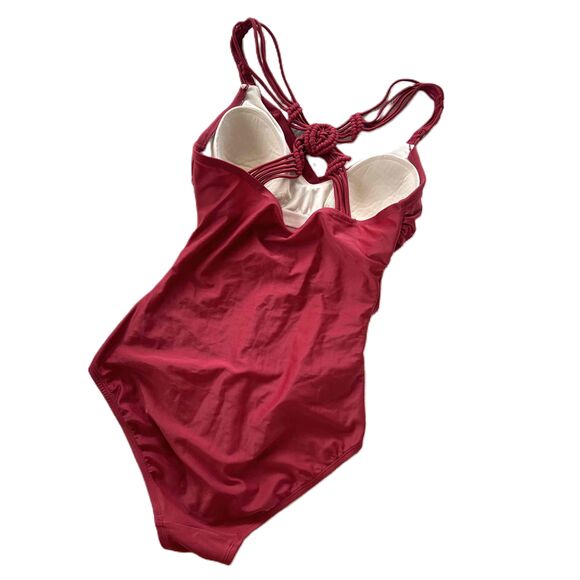 Merona Swimsuit S Small Macrame Burgundy Red One Piece V Neck Ruched Padded - Picture 3 of 7